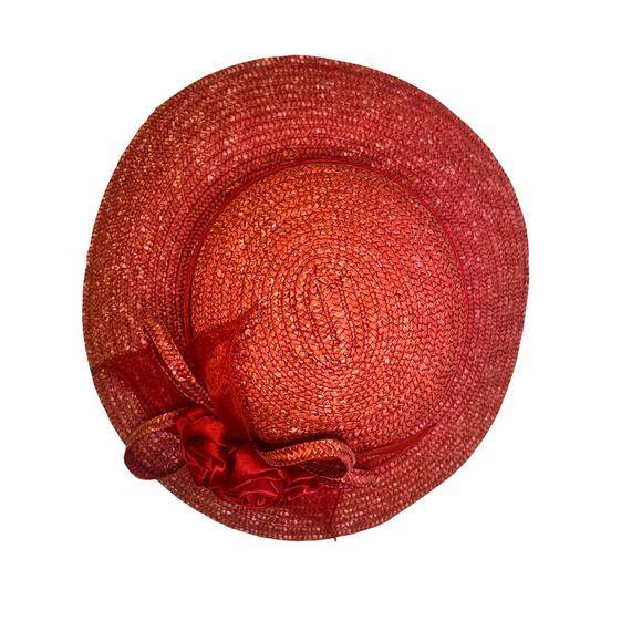 Bright Red Women's Derby Wide Brim Straw Embellished Hat Satin Band Fabric Rose - Picture 5 of 8